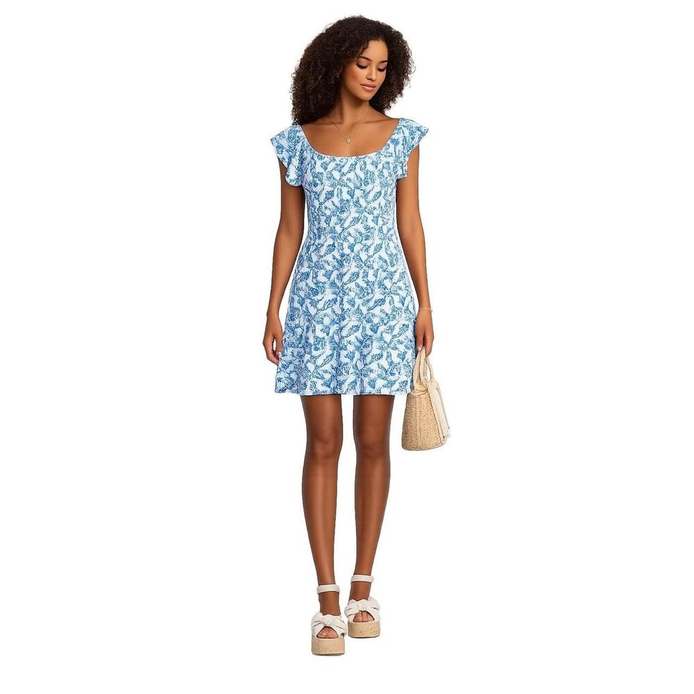 Lilly Pulitzer Jilly UPF 50+ Smocked Mini Dress in Blue white Seashell Print L